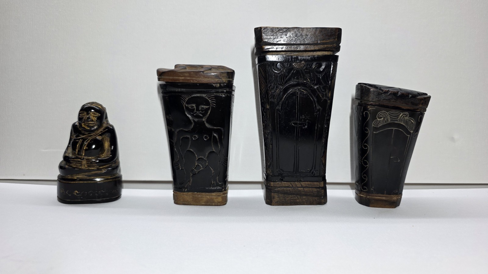 Carved Resin Tribal Style Cups w/ Wood Lids & Figurine Faux Horn Vintage Set